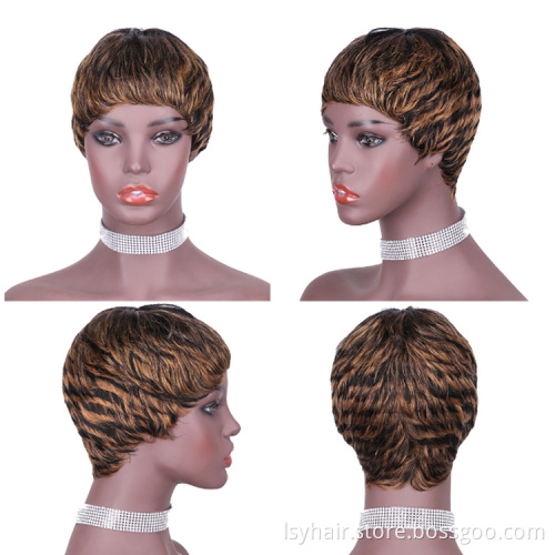 Non Lace Mix Blonde Brown Ombre Color  Short Human Hair Wigs, Pixie Cut Aliexpress Short Non Lace Machine Made Hair Wigs
